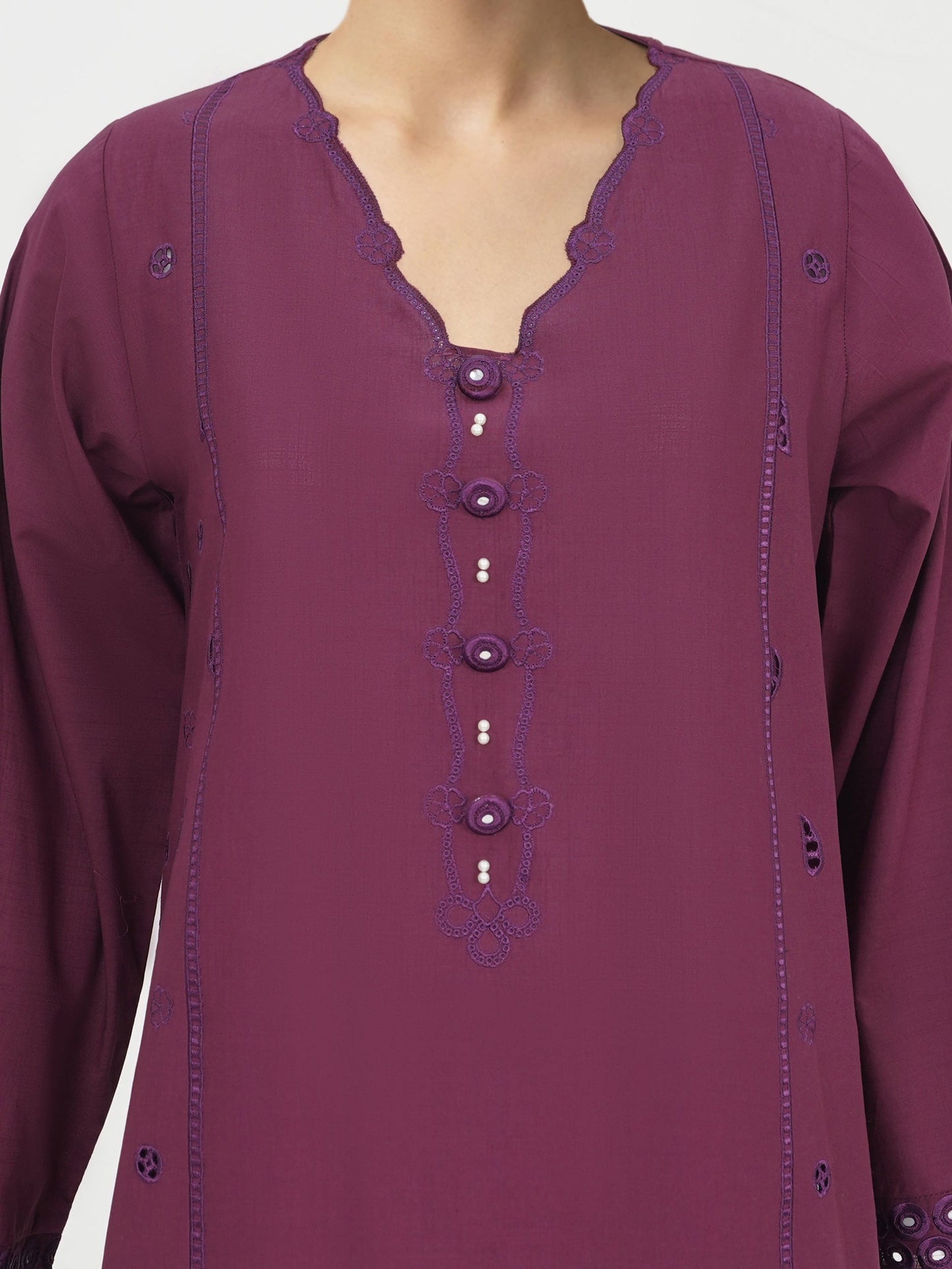 2 Piece Cambric Slub Suit- Embroidered (Pret)