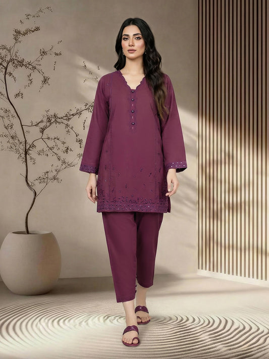 2 Piece Cambric Slub Suit- Embroidered (Pret)