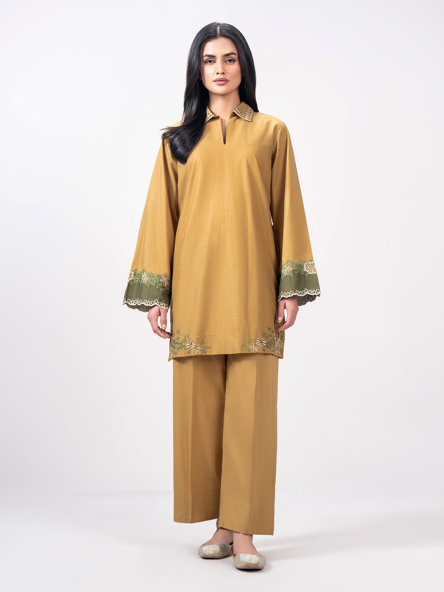 2 Piece Cambric Slub Suit- Embroidered (Pret)
