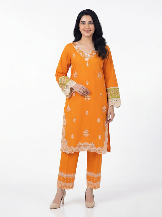 2 Piece Cambric Slub Suit- Embroidered (Pret)