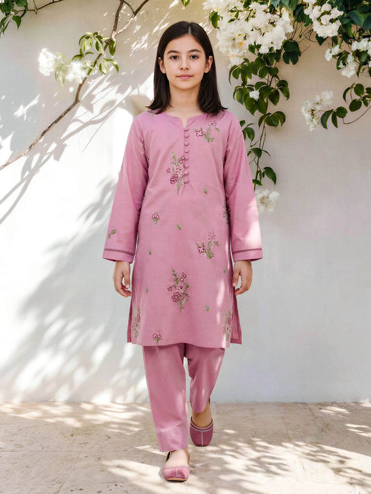 2 Piece Cambric Slub Suit- Embroidered (Pret)