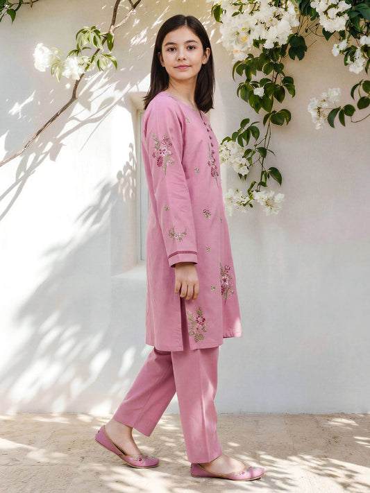 2 Piece Cambric Slub Suit- Embroidered (Pret)